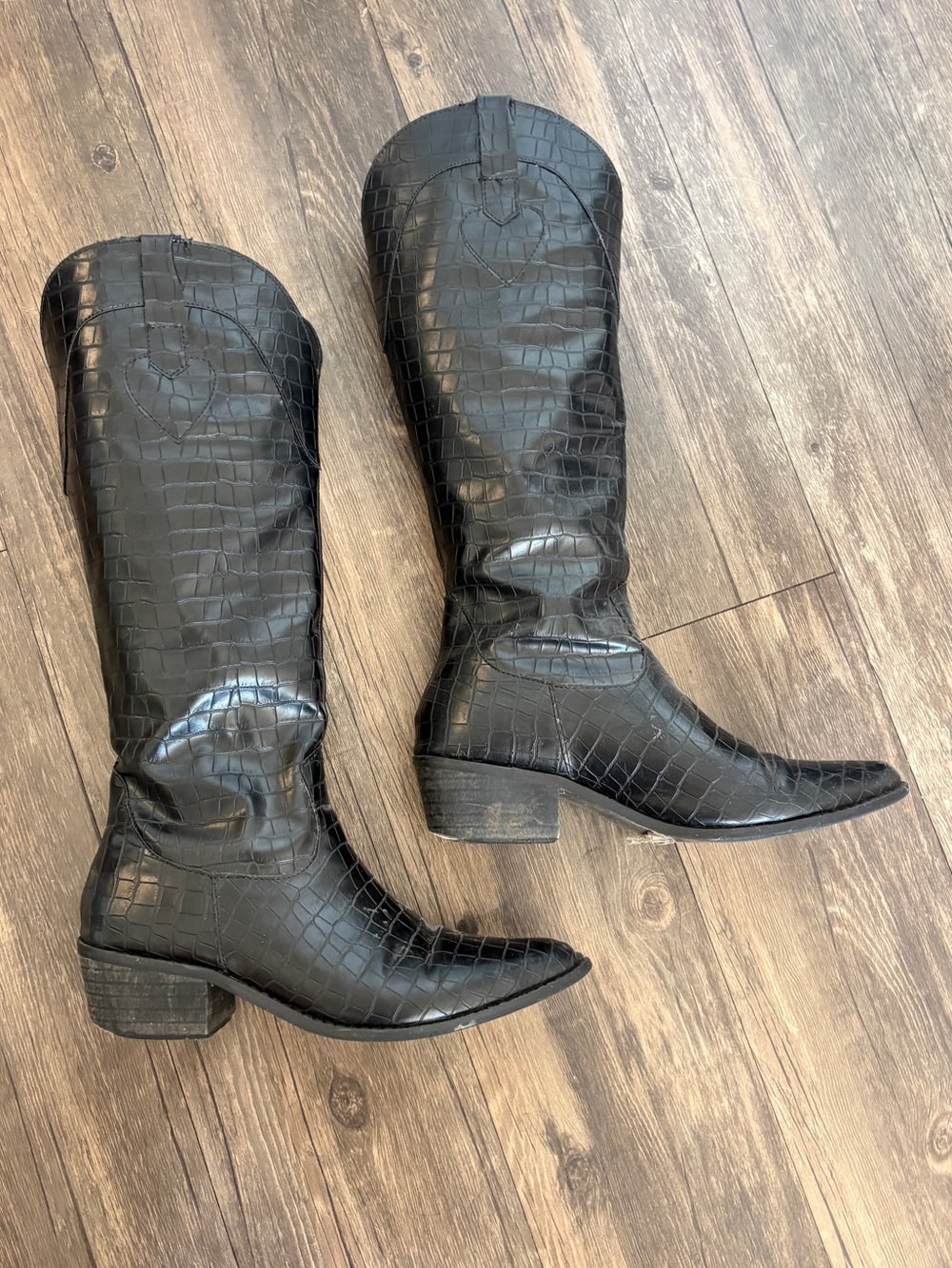 Black Croc-Embossed High Western Boots
